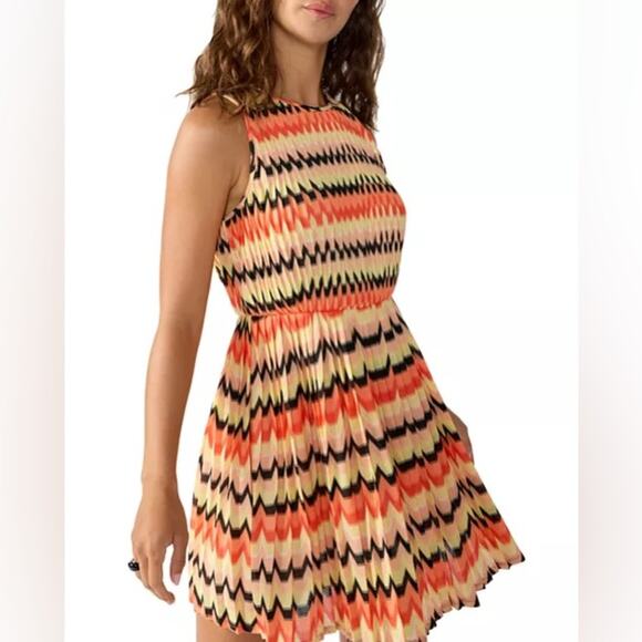 Sanctuary NWT Crochet Mini Dress Pleated Skirt Orange Black Yellow Size Large - Picture 1 of 11